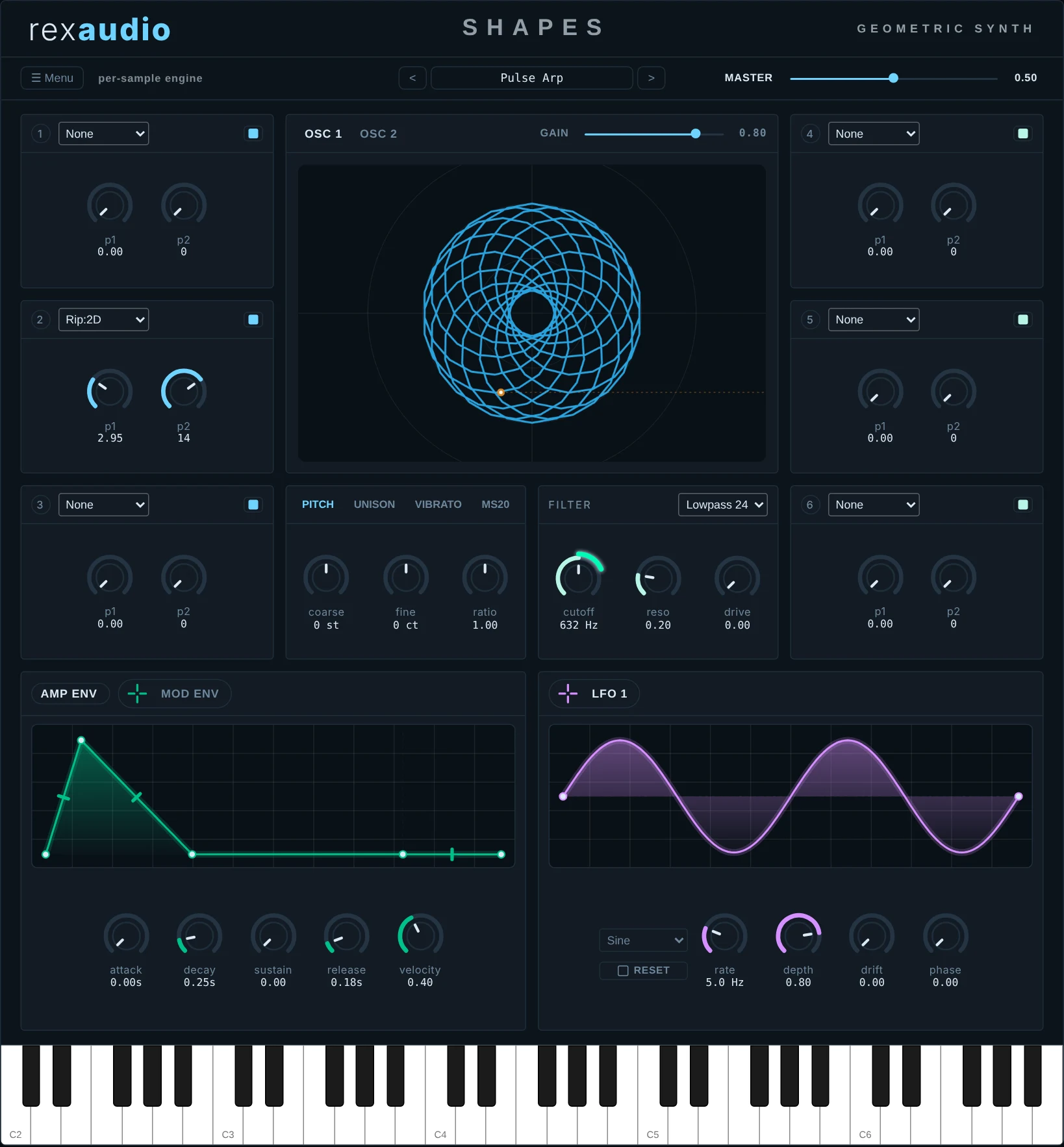 The Shapes window: a geometry plot with a scan point, six transform slots, pitch, filter, amp and mod envelopes, LFO and keyboard